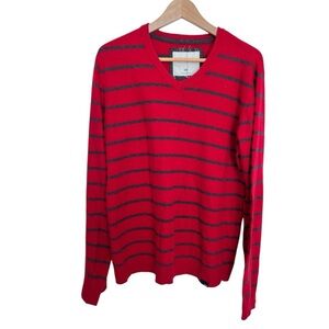 Aeropostale Men’s Red and Gray Striped V-Neck Sweater size medium
